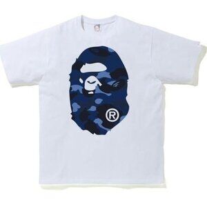A Bathing Ape Men's Blue Camo Ape Head Logo White Tee